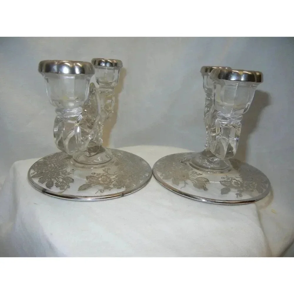 Crystal Candlestick Holder silver City Mid Century, Sterling Silver overlay